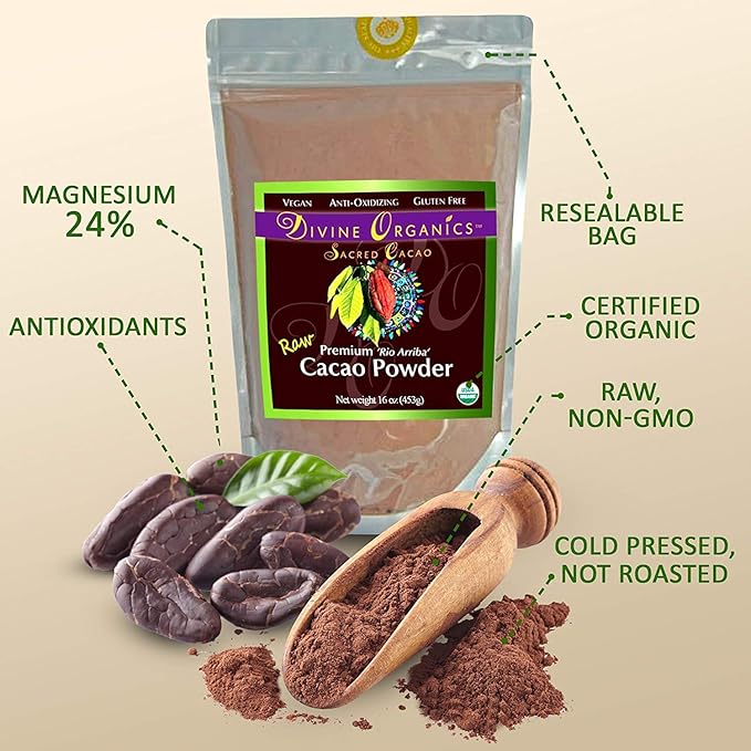 Divine Organics Raw Cacao Powder/Raw Cocoa Powder - Certified Organic - Premium Rio Arriba