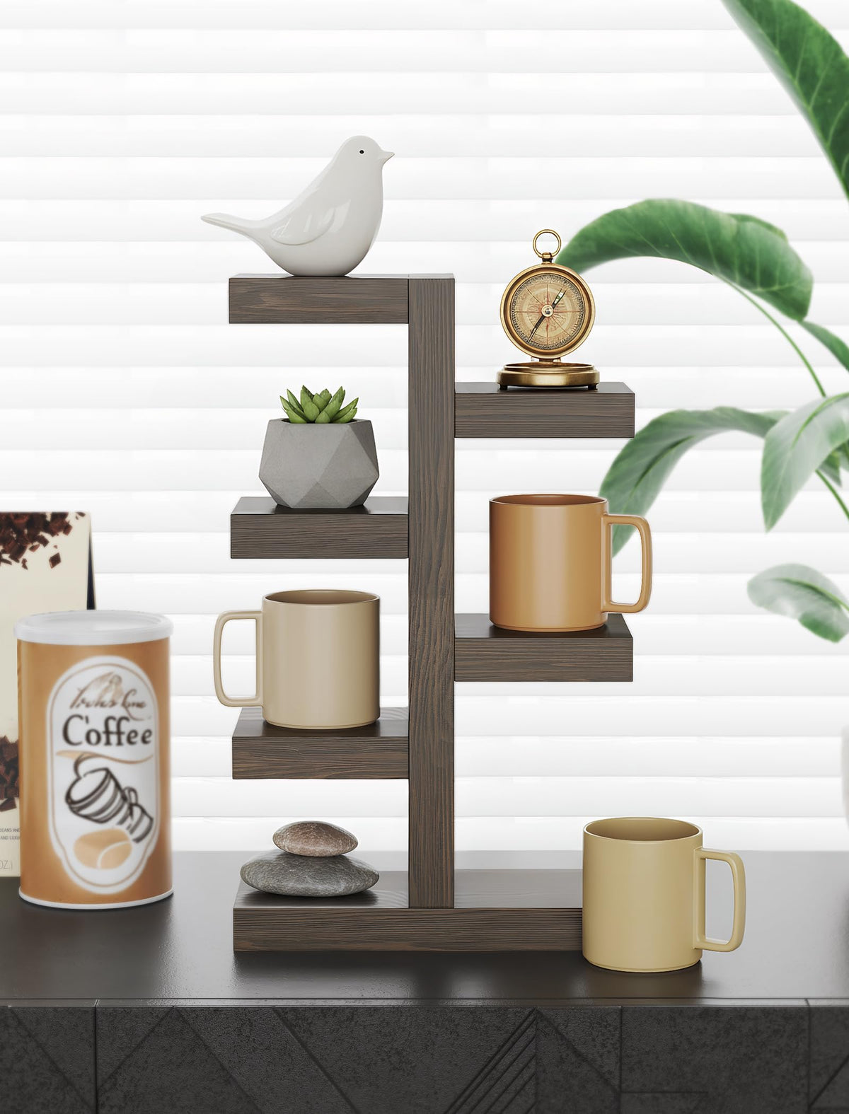 NiHome Coffee Mug Holder, Wood Mug Rack, 7 Mugs, Countertop, Vintage