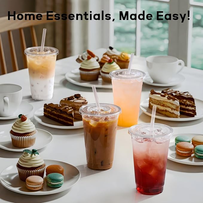 AOZITA 100 Pack 20 oz Disposable Plastic Cups with Lids and Straws, Clear Iced Coffee Cups for Cold