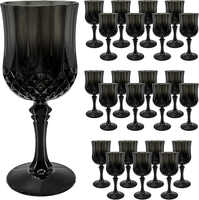24 PCS Black Plastic Wine Glasses,Reusable Plastic Wine Glasses,Black Goblet Glass,Durable and