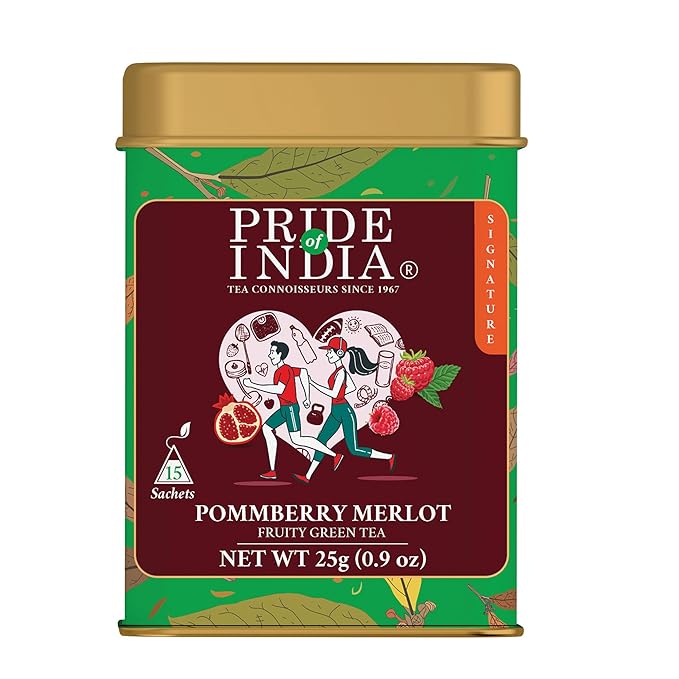 Pride of India | PommBerry Merlot Fruity Green Tea | 15 Pyramid Full Leaf Individually Wrapped Tea