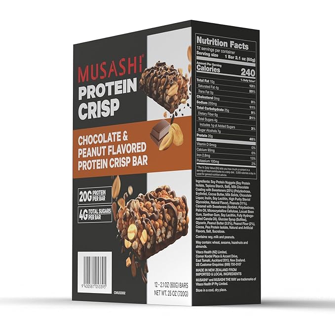 MUSASHI Protein Crisp Bar, 20g Protein, 4g Total Sugars, Chocolate & Peanut, Post Workout and Snack