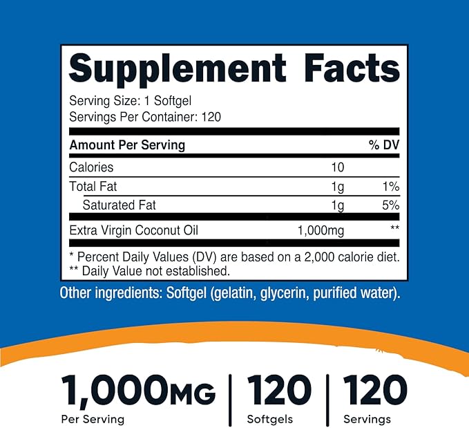 Nutricost Coconut Oil Softgels (1000mg) 120 Softgels - Extra Virgin Coconut Oil - Gluten Free and