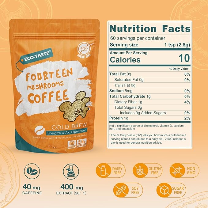 Cold Brew Mushrooms Coffee 14 in 1-60 Servings, Arabica Coffee with Lion's Mane, Reishi, Maitake