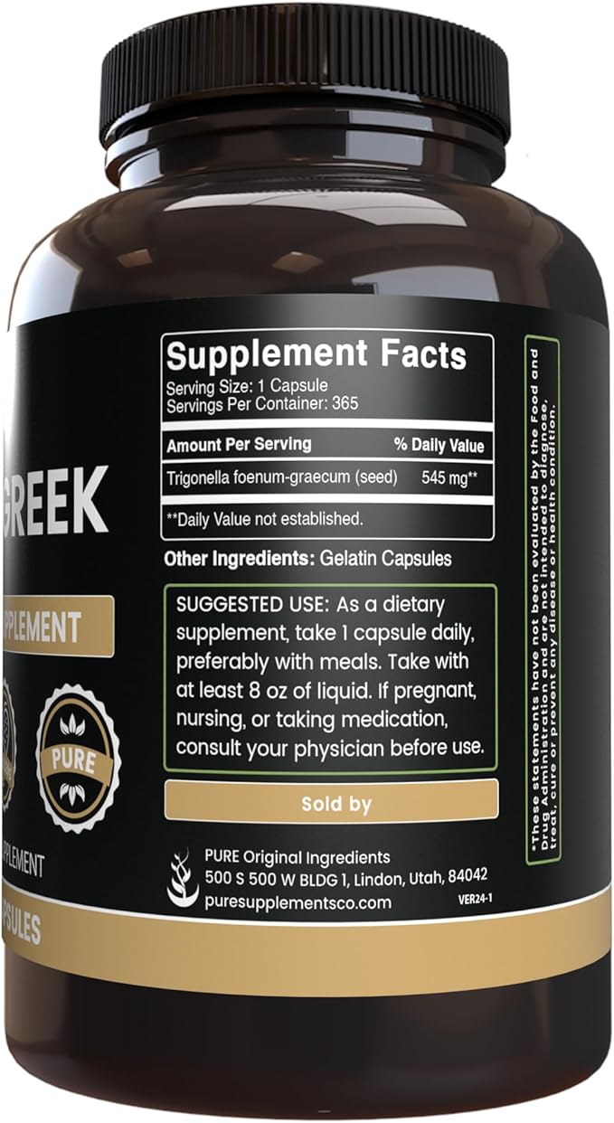 Pure Original Ingredients Fenugreek (365 Capsules) No Magnesium Or Rice Fillers, Always Pure, Lab