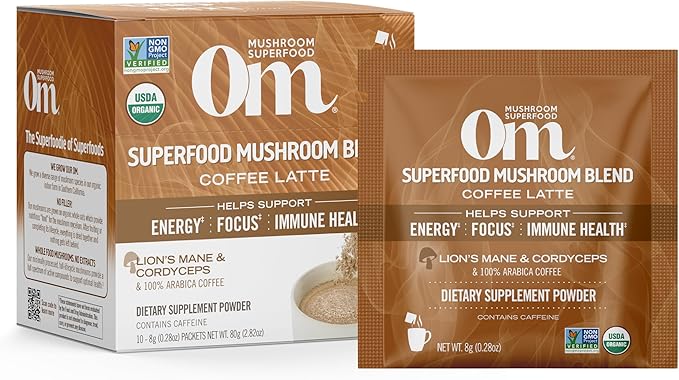 OM MUSHROOM SUPERFOOD Coffee Latte Blend Mushroom Powder, Single Serve, 10 Count, Lion's Mane