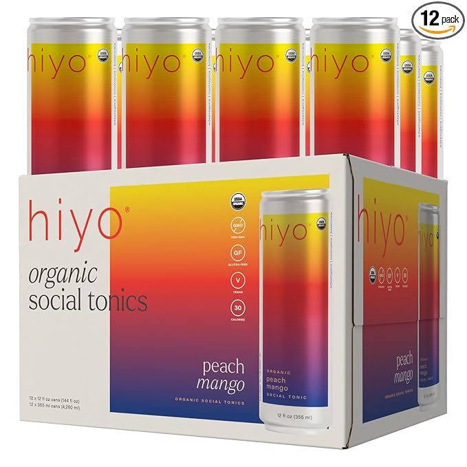 Hiyo Organic Social Tonic - Peach Mango, 12 Pack - N.A. Functional Seltzer, Sparkling Water Crafted