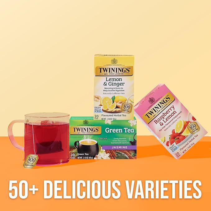 Twinings Raspberry & Lemon Herbal Tea Individually Wrapped Bags, 20 Count (Pack of 1), Unsweetened