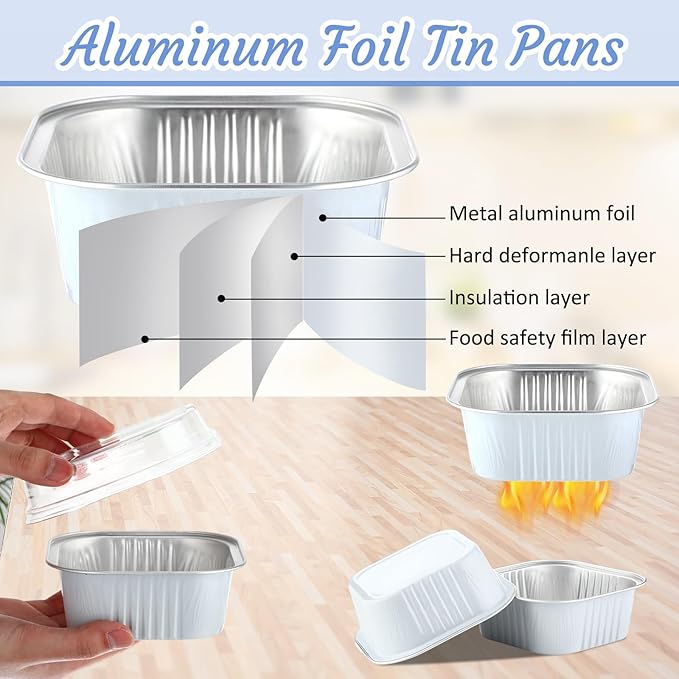 Aoriher 150 Pieces 10 oz Mini Cake Pans with Lids Aluminum Foil Baking Cups Square Disposable 4" x