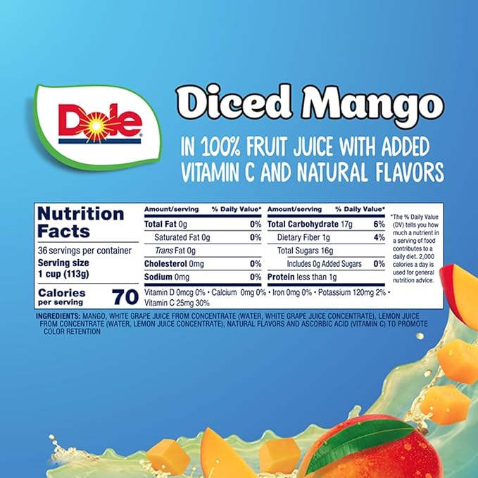 Dole Fruit Bowls Diced Mango in 100% Juice Snacks, 4oz 36 Total Cups, Gluten & Dairy Free, Bulk