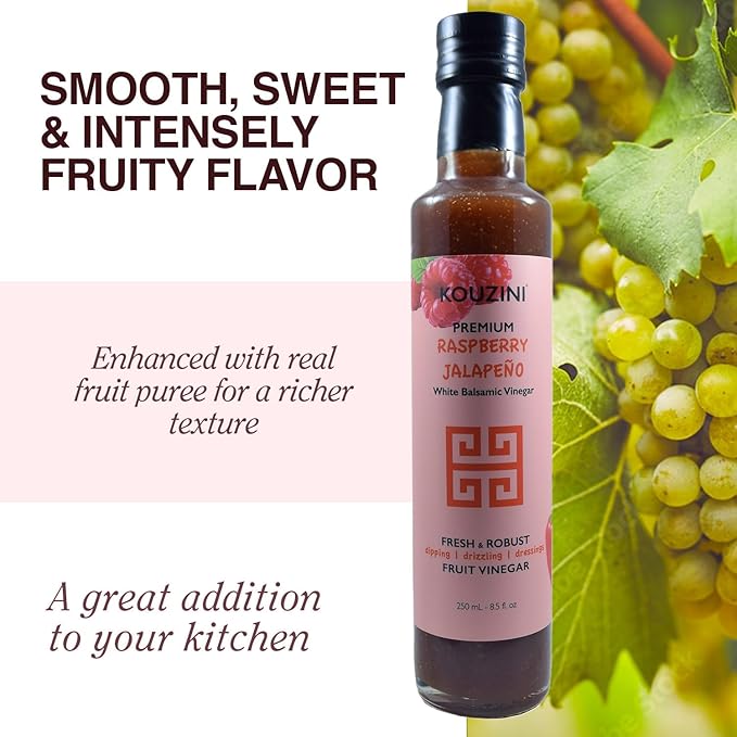 Kouzini Ultra Premium Raspberry Jalapeno Fruit White Balsamic Vinegar, Aged Balsamic Vinegars from