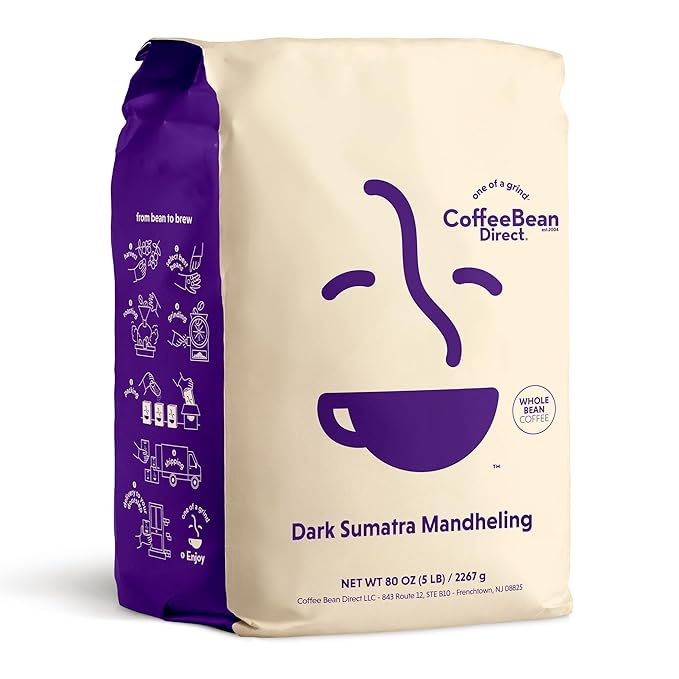Coffee Bean Direct Dark Sumatra Mandheling, Whole Bean Coffee, Arabica Coffee, Dark Roast, 5 Pound