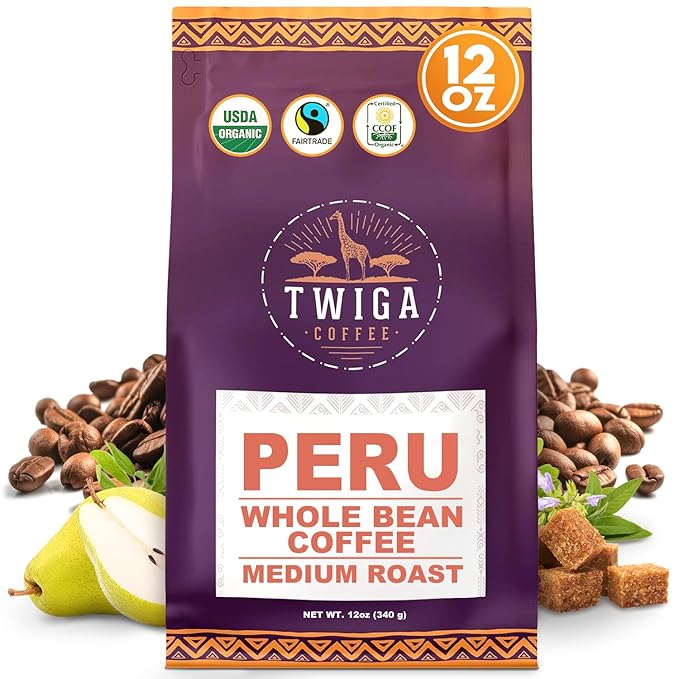 Twiga Coffee Peruvian Coffee Beans ??Medium Roast Arabica Whole Beans with Brown Sugar, Pear & Sage