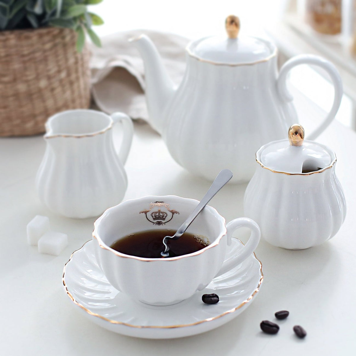Porcelain Tea Sets British Royal Series, 8 OZ Cups& Saucer Service for 6, with Teapot Sugar Bowl