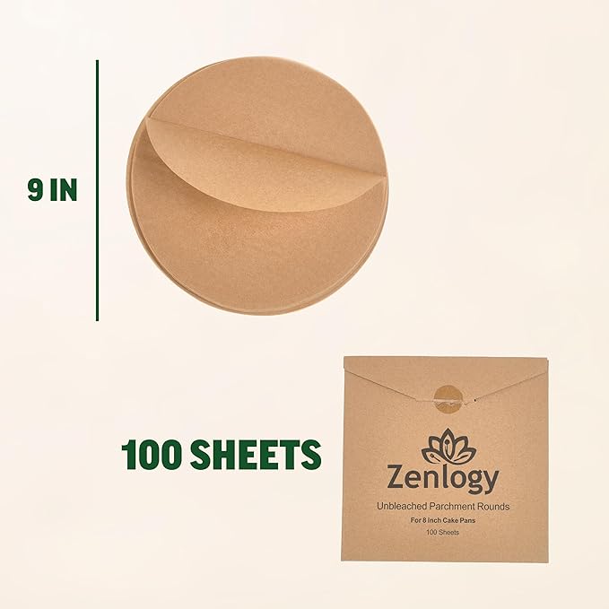 Zenlogy 9 Inch Parchment Paper Rounds (100 Sheets) - Unbleached, Pre-cut, High Heat, Round Liners