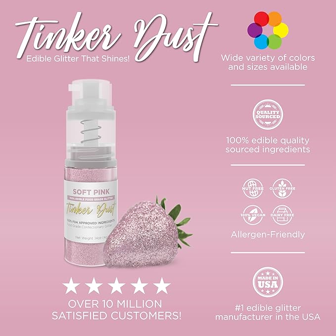 Bakell - Soft Pink Tinker Dust (4g, 1x Mini Spray Pump) Edible Glitter for Food, Desserts, and