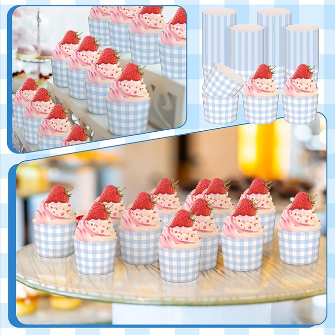 Vesici 150 Pcs Blue Gingham Ice Cream Cups 5oz Dessert Paper Bowls Gingham Scalloped Cupcake Cups