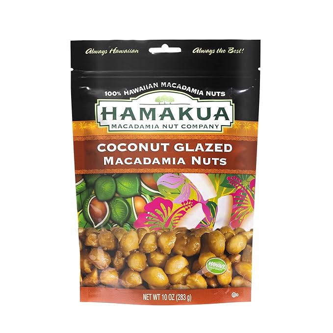 Hamakua Macadamia Nuts - Sweet Glazed Coconut - Hawaiian Grown Flavored Dry Roasted Half and Whole