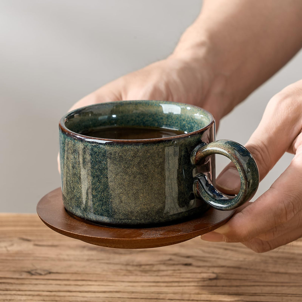 LUKA 6 Ounce Porcelain Stackable Espresso Cups with Saucers and Metal Stand Set of 4, Ceramic