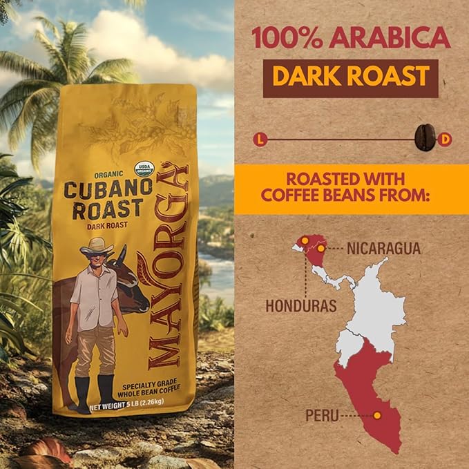 Mayorga Dark Roast Coffee 5lb bag Cubano Roast 100% Arabica Café Whole Coffee Beans - Smoothest