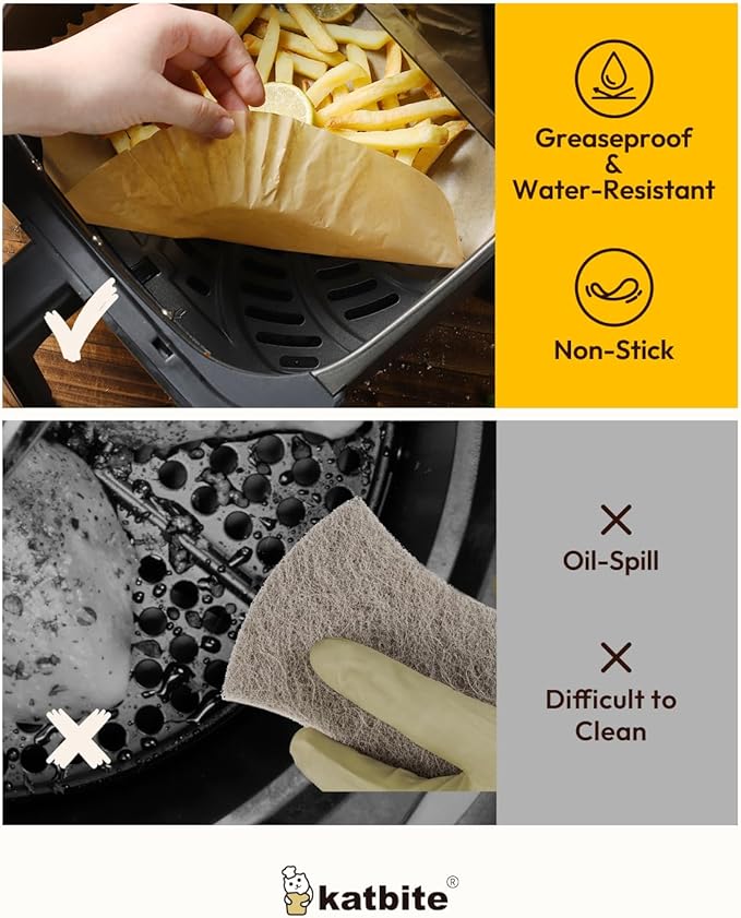 Katbite Air Fryer Liners Disposable - 8 inch Square Non-Stick Airfryer Paper Liners, Unbleached