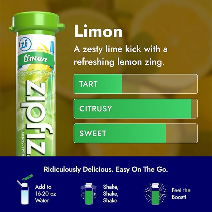 Zipfizz Daily Energy Drink Powder, Limon, 20 Pack | 3-in-1 Sustained Energy, Rapid Hydration, and