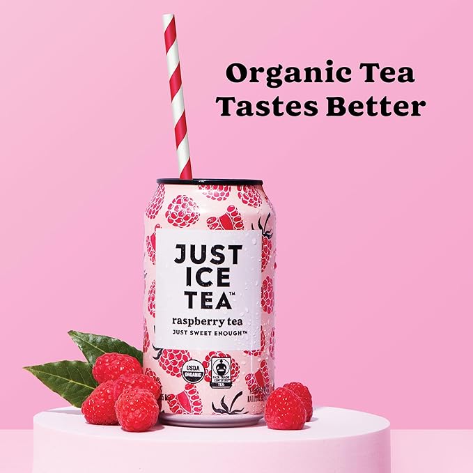 Just Ice Tea, Raspberry Flavored Black Iced Tea, 24-Pack (12oz Cans), USDA Certified Organic, Low