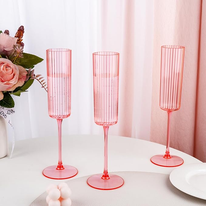 Ciaell 24 Pack Pink Plastic Champagne Flutes - 6oz Ribbed Disposable Champagne Glasses - Pink