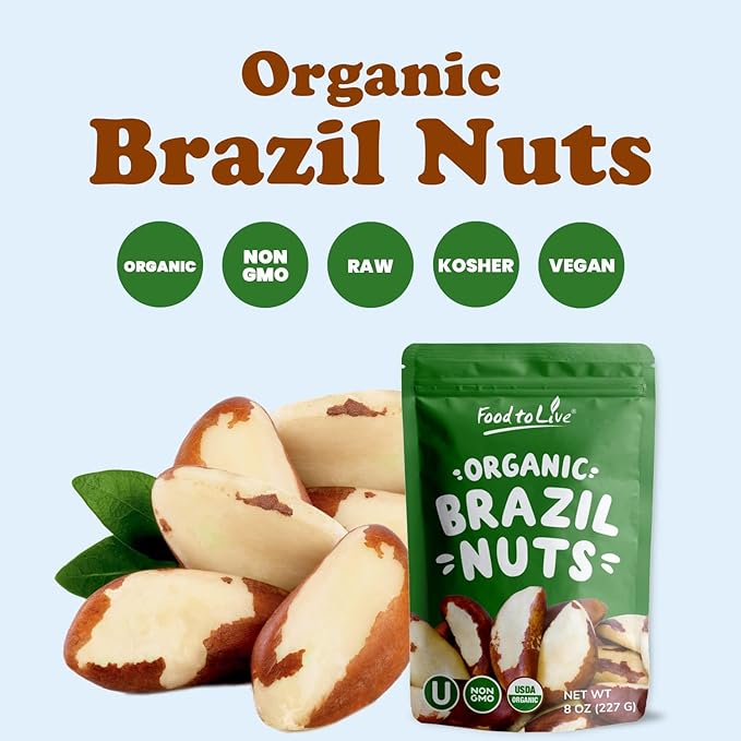 Food to Live - Organic Brazil Nuts, 1 Pound Non-GMO, Raw, Whole, No Shell, Unsalted, Kosher, Vegan