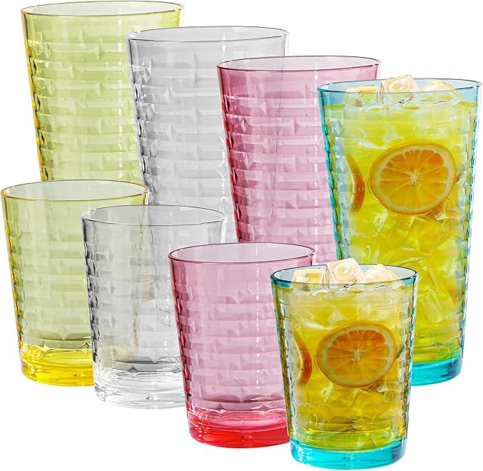 Acrylic Clear Highball Plastic Cups | Plastic Reusable Tumblers 16oz & 22oz (Set of 8) | Stackable