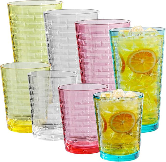 Acrylic Clear Highball Plastic Cups | Plastic Reusable Tumblers 16oz & 22oz (Set of 8) | Stackable