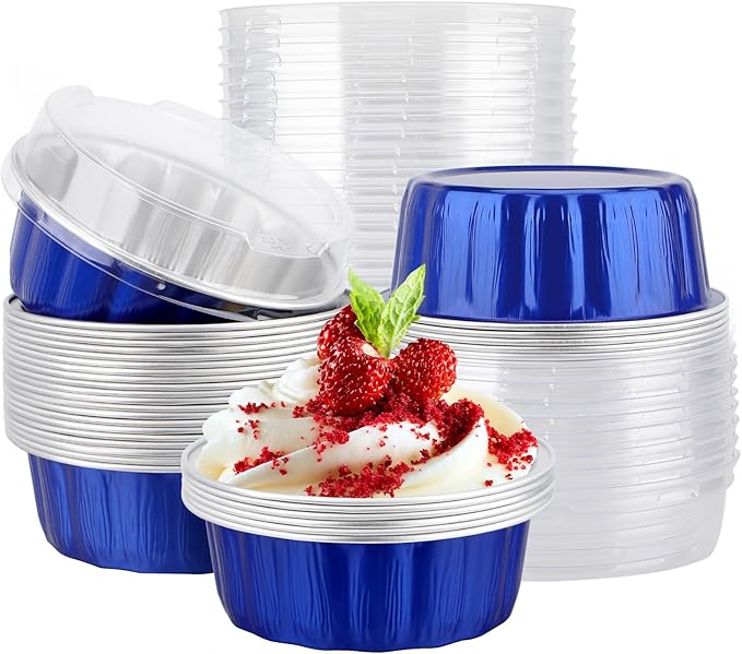 EUSOAR Aluminum Pans with Lids, 50pcs 9oz Dark Blue Disposable Ramekins with Lids, Cake Transport