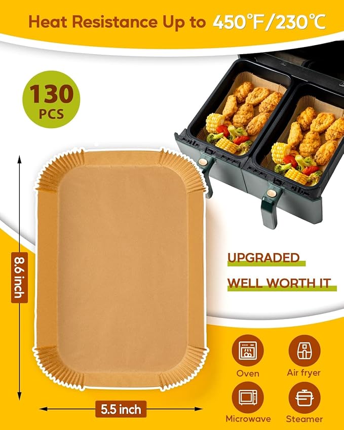 Katbite Air Fryer Liners Disposable - 8.6x5.5'' 130PCS Rectangle Paper Liners, Thick Airfryer