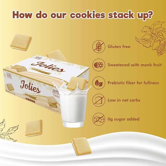 ChocZero Chocolate Cookies, White Chocolate Jolies, Gluten Free, No Added Sugar, 20 Crispy