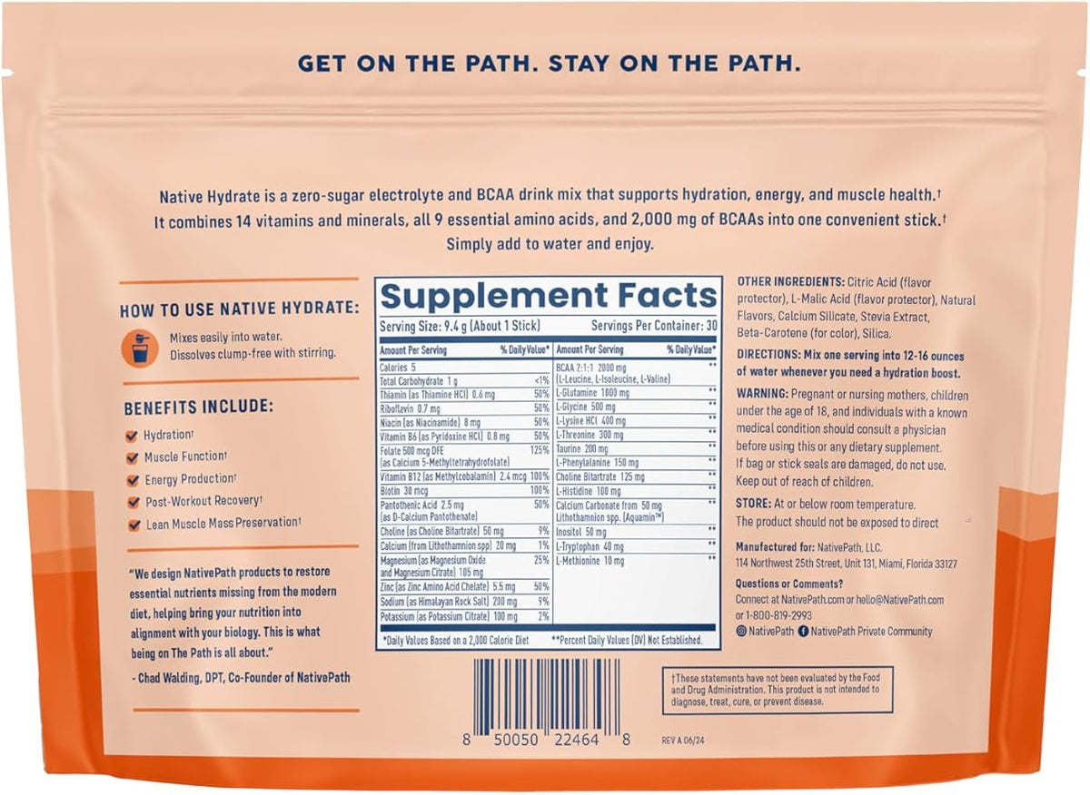 NativePath Native Hydrate Stick Packs, Sugar Free Electrolytes Powder with BCAAs, Peach Mango