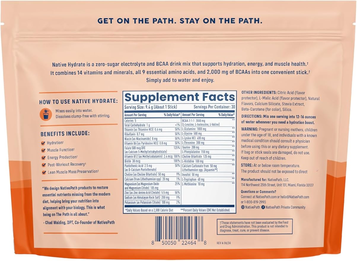 NativePath Native Hydrate Stick Packs, Sugar Free Electrolytes Powder with BCAAs, Peach Mango