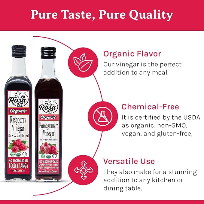 De La Rosa Organic Raspberry & Pomegranate Vinegar, Raw & Unfiltered, Vegan, Gluten Free & Kosher