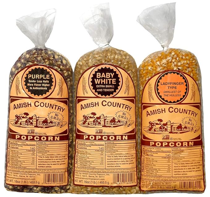 Amish Country Popcorn | Variety Bundles - 3 (1 Lb Bags - Baby White, Ladyfinger, Purple Kernels) |