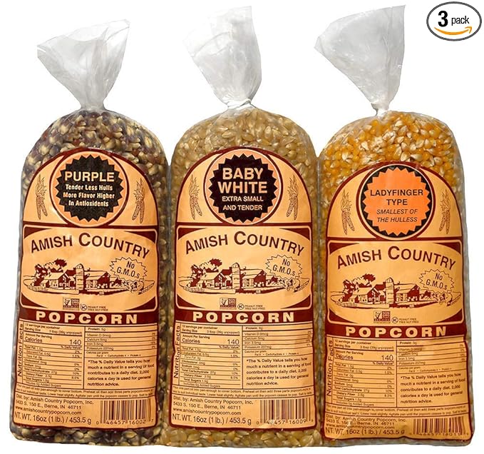 Amish Country Popcorn | 3-1 lb Bags | 1 lb Baby White, 1 lb Ladyfinger, and 1 lb Purple Popcorn