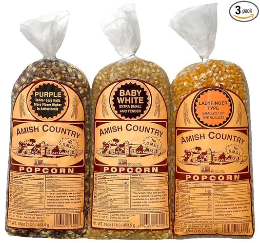 Amish Country Popcorn | 3-1 lb Bags | 1 lb Baby White, 1 lb Ladyfinger, and 1 lb Purple Popcorn