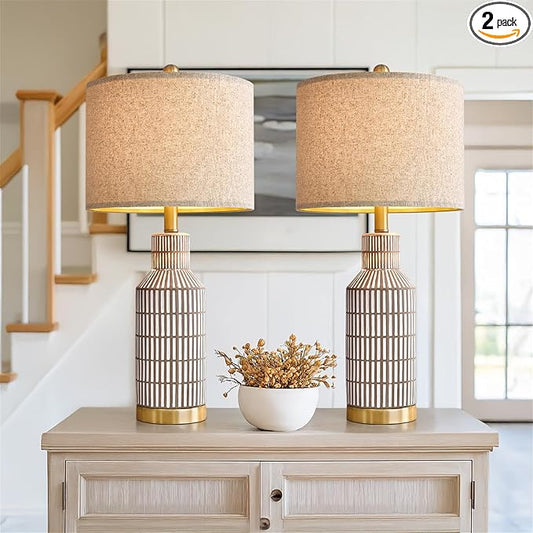 25" Table Lamps Set of 2, Modern Ceramic Bedside Lamps - Farmhouse Brown Nightstand Lamps for