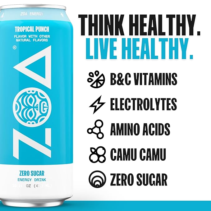 ZOA Zero Sugar Energy Drinks, Tropical Punch - Sugar Free with Electrolytes, Healthy Vitamin C