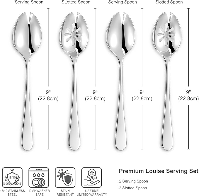 KEAWELL Louise Premium 2 Piece Serving Spoons and 2 Piece Serving Slotted Spoons ??9 inches ??18/10
