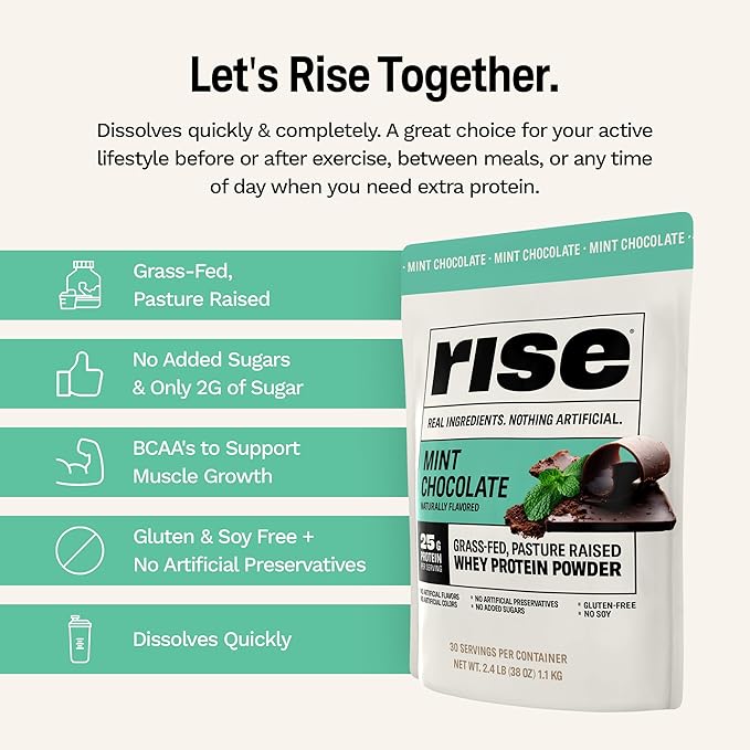 Rise Grass-Fed Whey Protein Powder - Mint Chocolate | 25g Protein No Artificial Flavors, Colors, or
