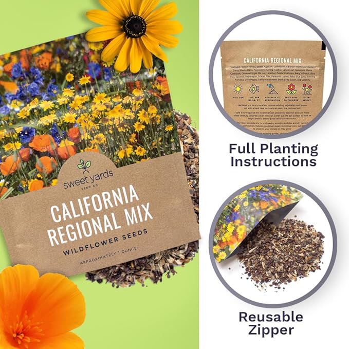 California Wildflower Mixture - Bulk 1 Ounce Packet - Over 7,000 Native Seeds - Open Pollinated and