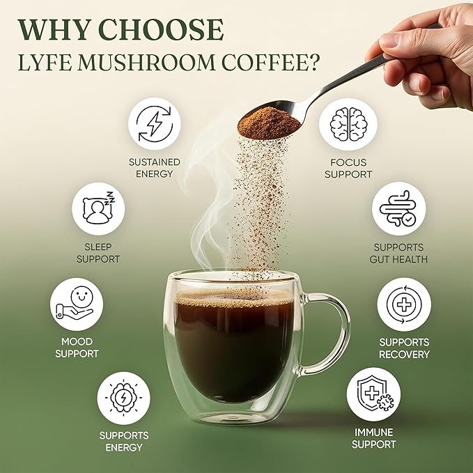 LYFE Organic Instant Mushroom Coffee ??Lion?™s Mane, Chaga, Cordyceps, Turkey Tail | USA Grown