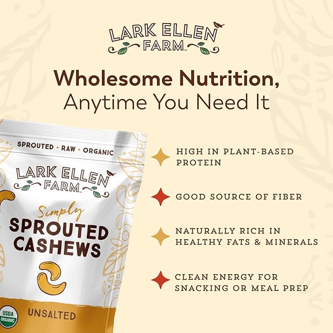 Lark Ellen Farm Unsalted Organic Raw Cashews, Sprouted, Air-Dried, Gluten-Free, Non-GMO, Vegan