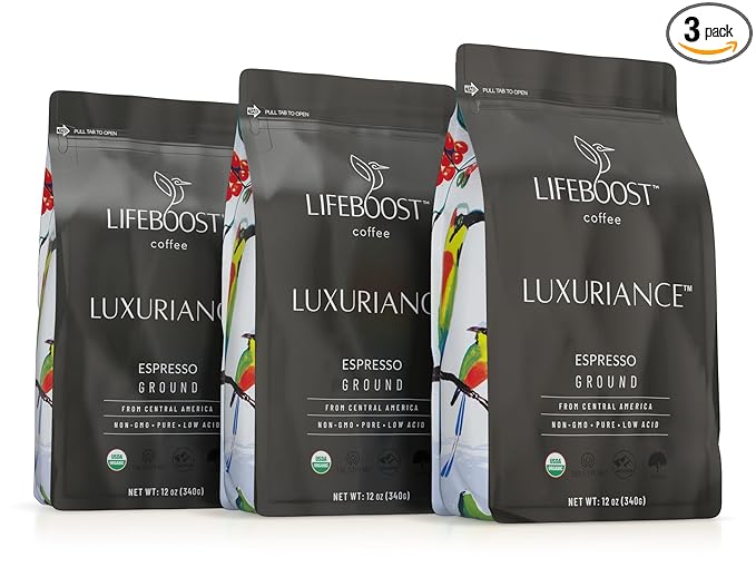 Lifeboost Espresso Ground Coffee - Non-GMO Low Acid Single Origin USDA Organic Espresso Coffee