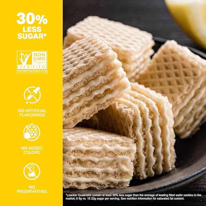 Loacker Quadratini Lemon Wafer Cookies LARGE - 30% Less Sugar - Premium Crispy Bite Size Wafers
