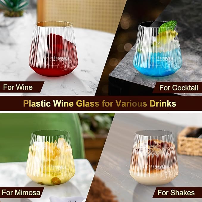 40 Pack Plastic Ribbed Wine Glasses, 14Oz Origami Disposable Wine Glasses Unbreakable Clear Plastic